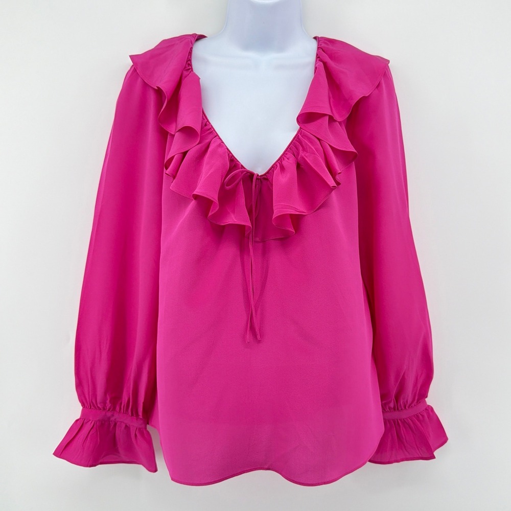 J Crew 100% Silk Ruffle Blouse Medium Hot Pink Tie Neck Poet Sleeve Top BD755